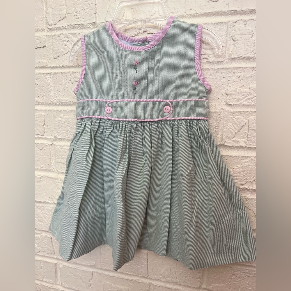 Strasburg Green Seersucker Dress Pink Trim Girls Boutique 12 months